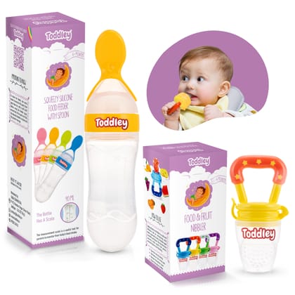 Toddley 2-Piece Baby Care Combo - Silicone Spoon Feeder, Food & Fruit Nibbler for 6+ Months (Yellow)