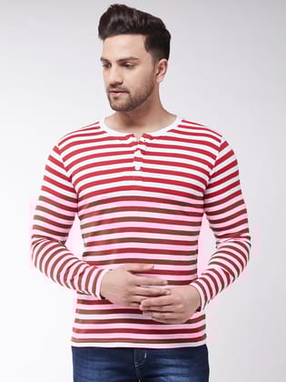 Gritstones Striped Men Henley Neck White, Red T-Shirt