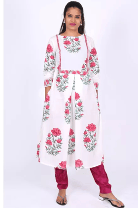 Jaipur Printed Boatneck Pleated Kurta, White, KP1044-S