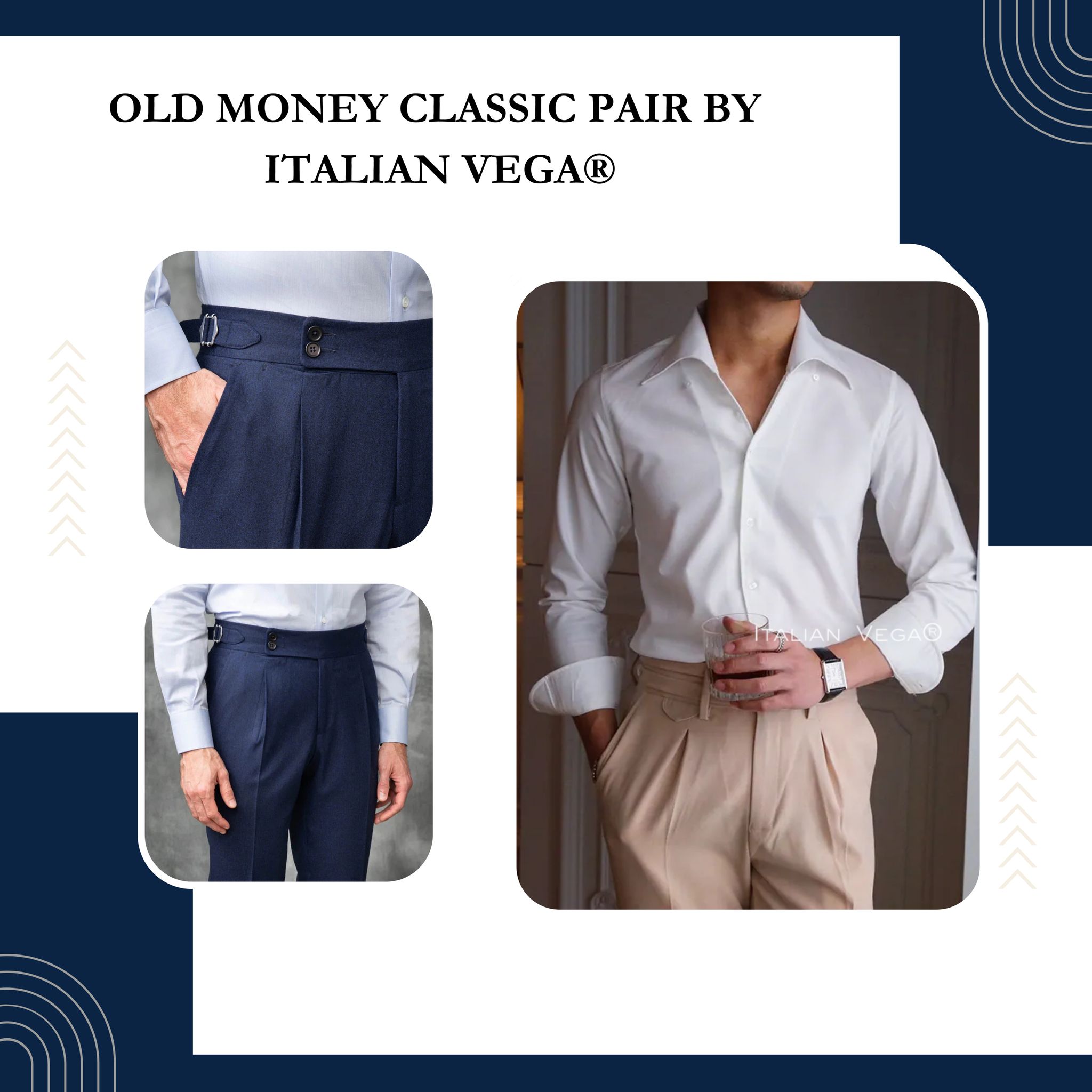 Old Money White Shirt with Navy Blue Signature Buttoned Gurkha Pant by ITALIAN VEGA®-M / 28
