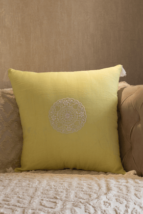 Samuday  Yellow Linen Cushions Cover With Chikankari Embroidery