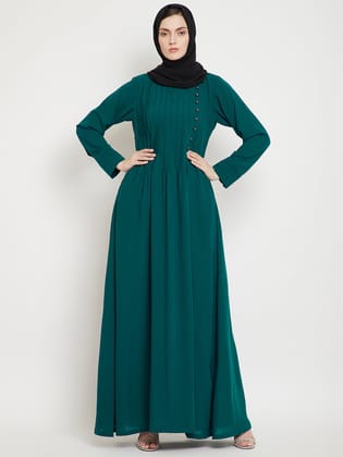 Nabia Women Bottle Green Solid Side Plate Abaya Dress With Georgette Scarf-XS / 54