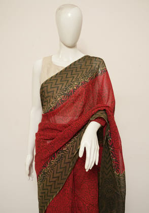 Red and Olive Green Block Printed Georgette Saree