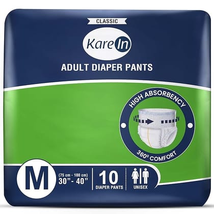 KareIn Classic Adult Diaper Pants, Medium 75 - 100 Cm (30"- 40"), 10 Count, Unisex, Leakproof, Elastic Waist, Wetness Indicator