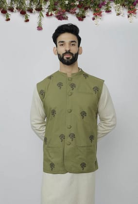 Olive Green Cotton Nehru Block Print Jacket-36