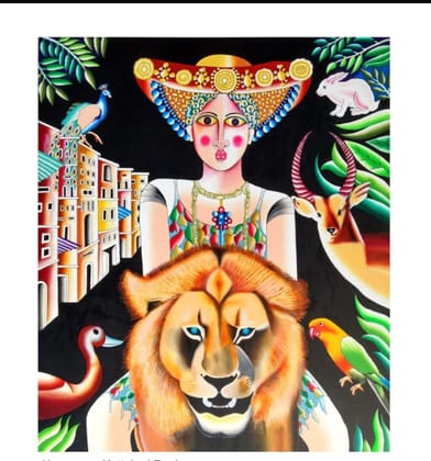 Contemporary Original Indian Art : Lion & Women