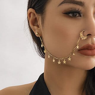 QUECY Metal Non Pierced Star Shaped Designer Nose Chain for Women - Golden Colour