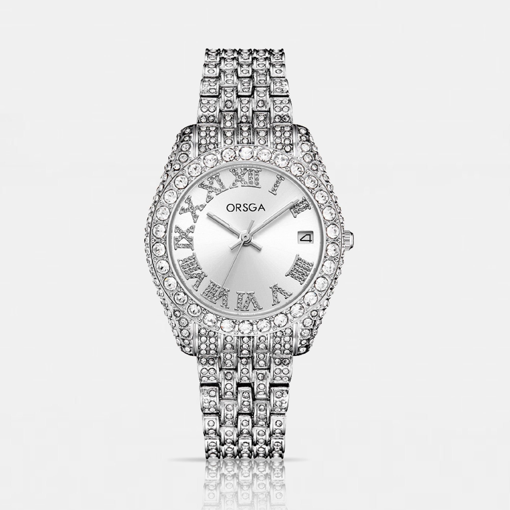 ORNATE White Dial Full Studded Silver Watch