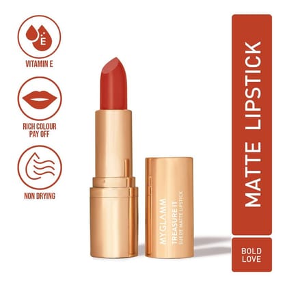 Treasure IT Suede Matte Lipstick Valentine Range - Bold Love (Bright Coral Orange Shade) | Long Lasting, Non Drying Bullet Lipstick With Vitamin E, Cocoa Butter (4.2g)