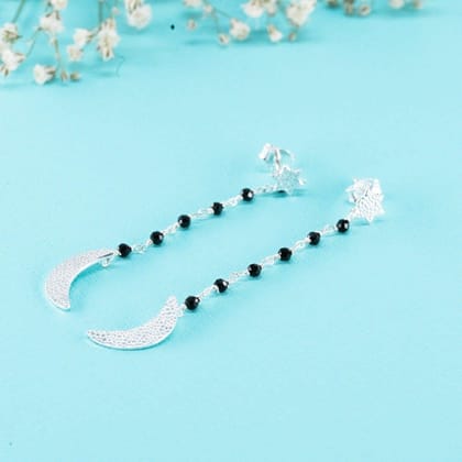 925 Sterling Silver bead earrings , celestial earrings, moon and star dangling earrings, earrings with black onyx beads