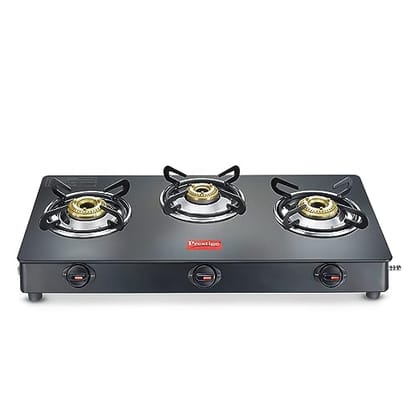 Prestige Magic Plus GTMP 03 Powder Coated Toughened Black Glass Top LP Gas Stove with 3 Brass Burner, Black