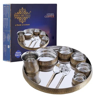 Indian Art Villa Steel Brass Curve Thali Set 9 Piece, Hammered Antique Finish Design Dinner Set-1