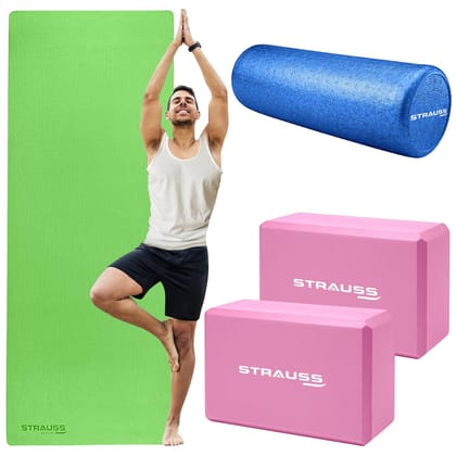 STRAUSS Yoga Combo Kit: 1 Yoga Mat, 2 Yoga Blocks, 1 Foam Roller. Green EVA Mat 6mm, Pink Blocks, Blue Roller. Ideal for Yoga & Training.-STRAUSS Yoga Combo Kit: 1 Green Yoga Mat (6mm), 2 Pink Yo