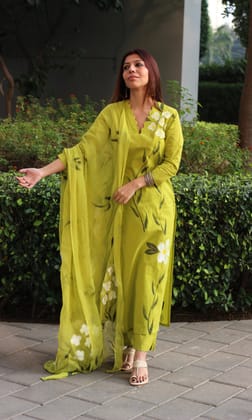 Cotton Alge Green Handbrush Painted Suit with Chiffon Handpainted Dupatta-XS