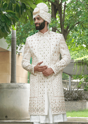 Off White Embroidered Sherwani-White