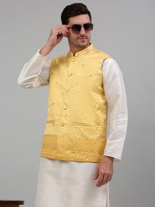 Men's Embroidered Nehru Jacket-S / Yellow