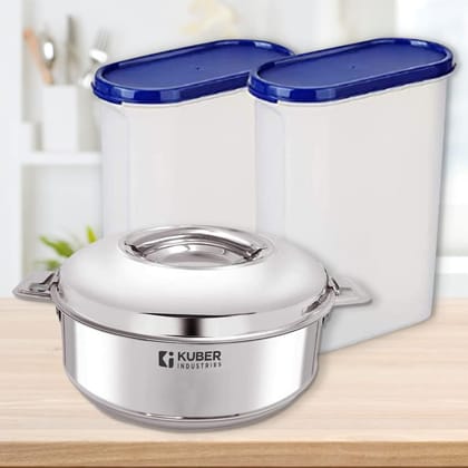 Kuber Industries Stainless Steel Casserole  Plastic conatiner I Casserole 2000 ML  Kitchen Container Set of 2 2500 ML-Kuber Industries Stainless Steel Casserole & Plastic conatiner I Casserole (2