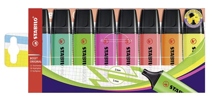 STABILO BOSS ORIGINAL - Highlighter Pen - Wallet of 8 (Assorted Neon Colours)