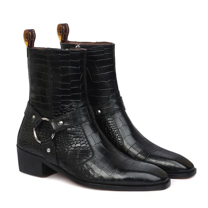 Black Cuban Heel Boots with Stylish Buckle Strap in Cut Croco Textured Leather-40/6