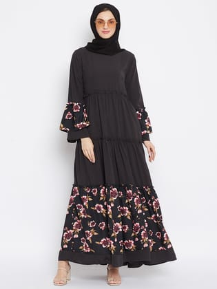 Nabia Women Olive Black Solid & Floral Printed Frill Abaya With Georgette Scarf-XS / 54