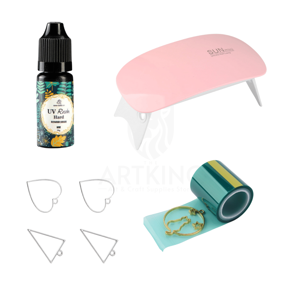 10g UV Resin Pendant & Earing Jewellery Making Combo Kit for Resin Art | UV Resin(10g), UV Curing Light x 1, UV Tape x 1, Silver Metal Blank Bezels x 4