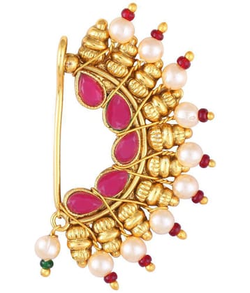 Vighnaharta Maharastrian Culture Nath Gold Plated alloy Artificial Stones & Pearl work Guchhedar Nose Pin for Women and Girls- (VFJ1061NTH-Press-Red) - Red