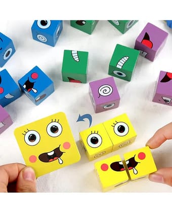 Wooden Cube Emoji Puzzle-Expression Cube Toy- 16 Cubes & Challenge Cards- Family Fun Games for Kids - Travel Board Games for Kids