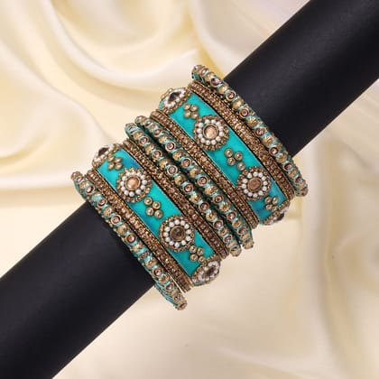 Light Green Color Velvet Work Bangle Set: 2.12-Bangles Size: 2.12 / Green / Alloy With Good Quality Gold Plated