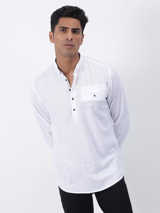 White Solid Long Sleeve Casual Kurta-L/40