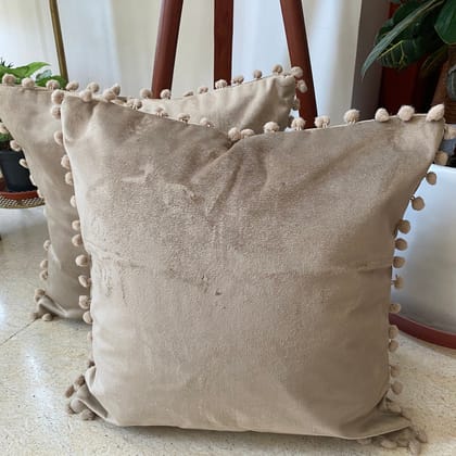 Suede Pompom Beige Cushion Covers, 16" x 16", Pack of 2