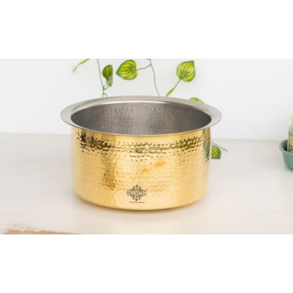 Indian Art Villa Brass Hammered Patila/Bhagona – Traditional Indian Cooking Pot with Tin Lining-1900ML