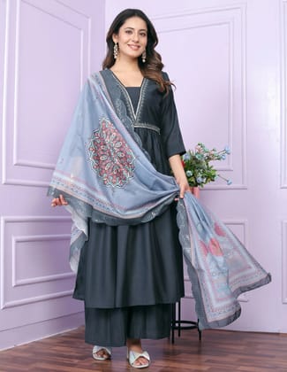 Dark Grey Color hand Work Palazzo Suit-M