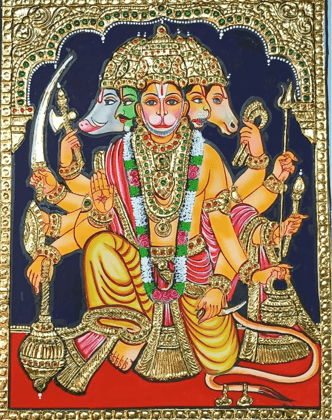 Panchamukha Aanjaneyar Tanjore painting By Authentic Handcrafting Method (Size 18x14)