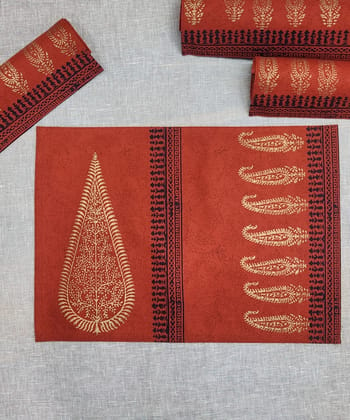 Set of 6 Burnt Orange Cotton Canvas Hand Block Printed Table Mats