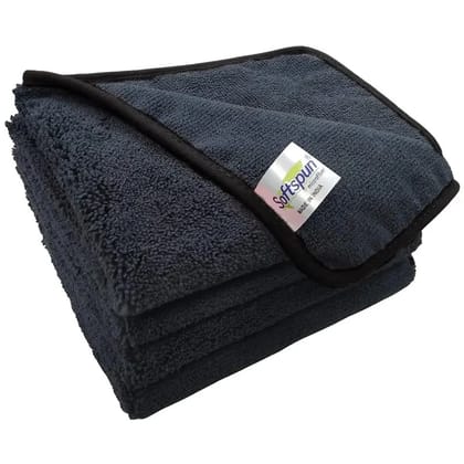 SOFTSPUN Microfiber High, Loop Silk Banded Edges ,Car Cleaning Cloths, 40x40cms 4pcs - Black Towel Set 380 GSM Highly Absorbent, Multi-Purpose Cleaning Cloth