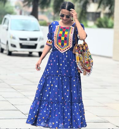 Blue Color Heavy Gamthi Work with Real Mirror Work Navratri Gown-M