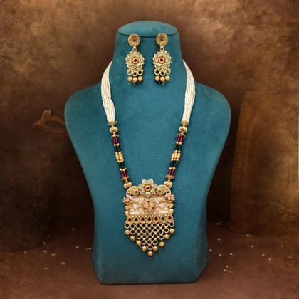 Rani & Green Color Matte Gold Rajwadi Temple Necklace Set (TPLN716RNIGRN)-Length: 42.00 CM x Width: 1.00 CM / Green / Alloy With Good Quality Matte Gold Plated