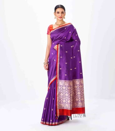Purple Handloom Banarasi Silk Saree With Floral Buttas & Red Border-Purple