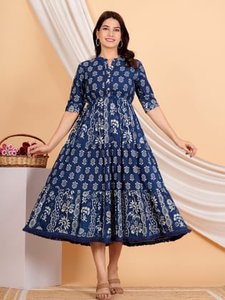 Ethereal Indigo Cotton Floral Dress-S