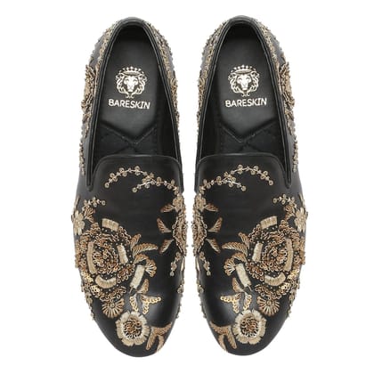 Black Leather Slip-On Shoes with Copper Gold Zardosi Embroidery By Brune & Bareskin-40/6