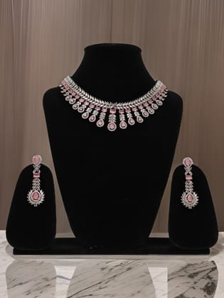 Silver Plated Pink AD Necklace Set-Baby Pink