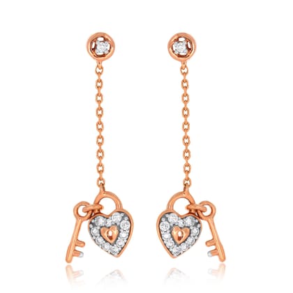 Senco Gold 14K Rose Gold The Heart Key Diamond Drop Earrings (Gold Weight - 1.67 g / 0.13 carat / HI-SI)