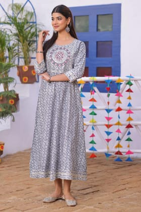 Blueish Grey Embroidered Rayon Anarkali Gown-M-38