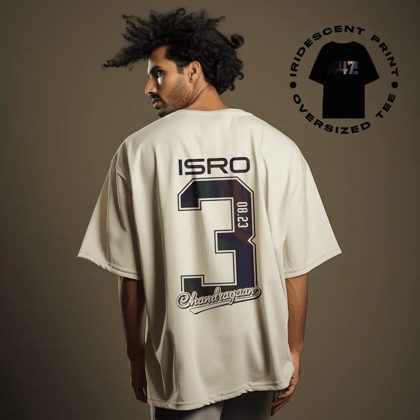 ISRO Chandrayaan-3 Oversized Cream T-Shirt with Holographic Print-S
