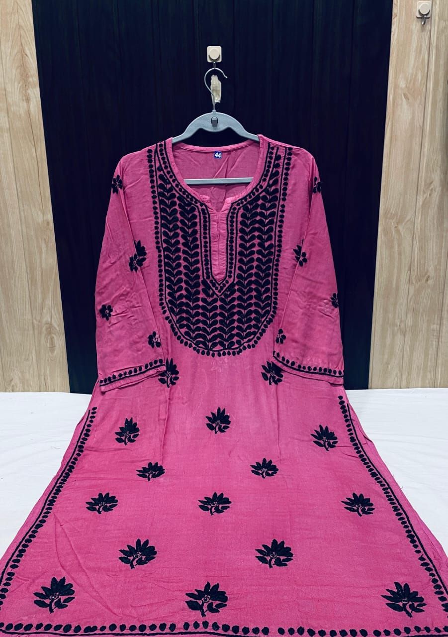 RAYON KURTI WITH BLACK THREADWORK-darkpink / S = 36