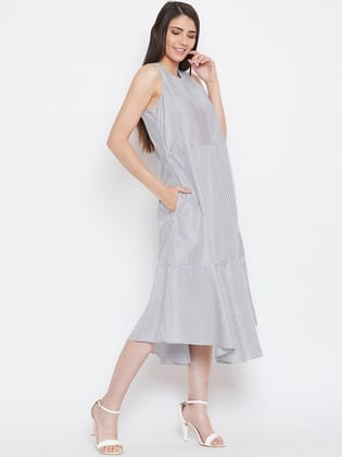 Women Grey Striped Fit & Flare Dress
