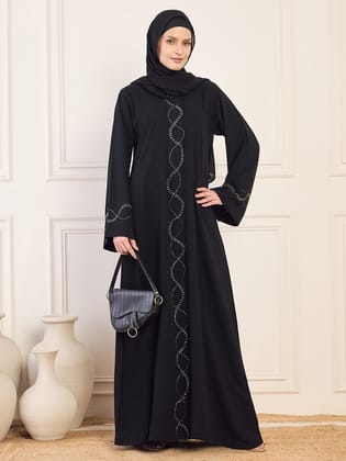 Nabia Black Solid Luxury Abaya Burqa Handwork Detailing & Bell Sleeves for Women with Black Hijab-XS / 56