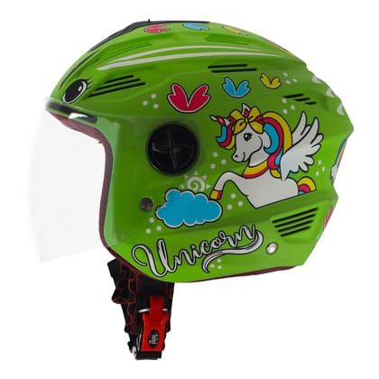 Steelbird SBA-6 Unicorn ISI Certified Open Face Graphic Helmet for Women and Kids (Matt Green with Clear Visor)-X-Small 540 MM