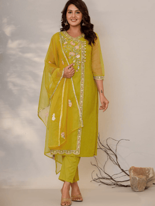 Women's Cotton Kurta-Pant, and Dupatta Set-Yellow / L