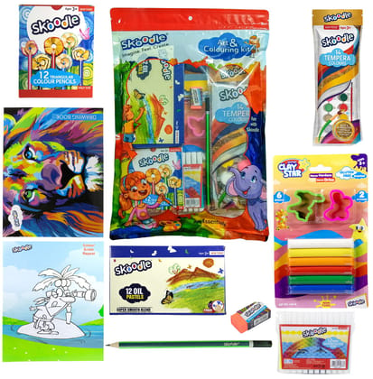 Skoodle Art & Activity Kit for Kids, 21 Assorted Art & Craft Items for Kids, Set of Pencils, Colors,Drawing Books, Best for Gifting, for 3+ Years